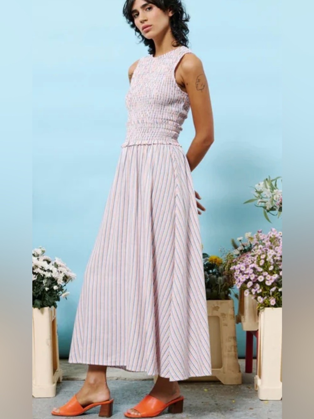 FRNCH Alexiane Light lilac and Orange Striped Maxi Sleeveless Dress M